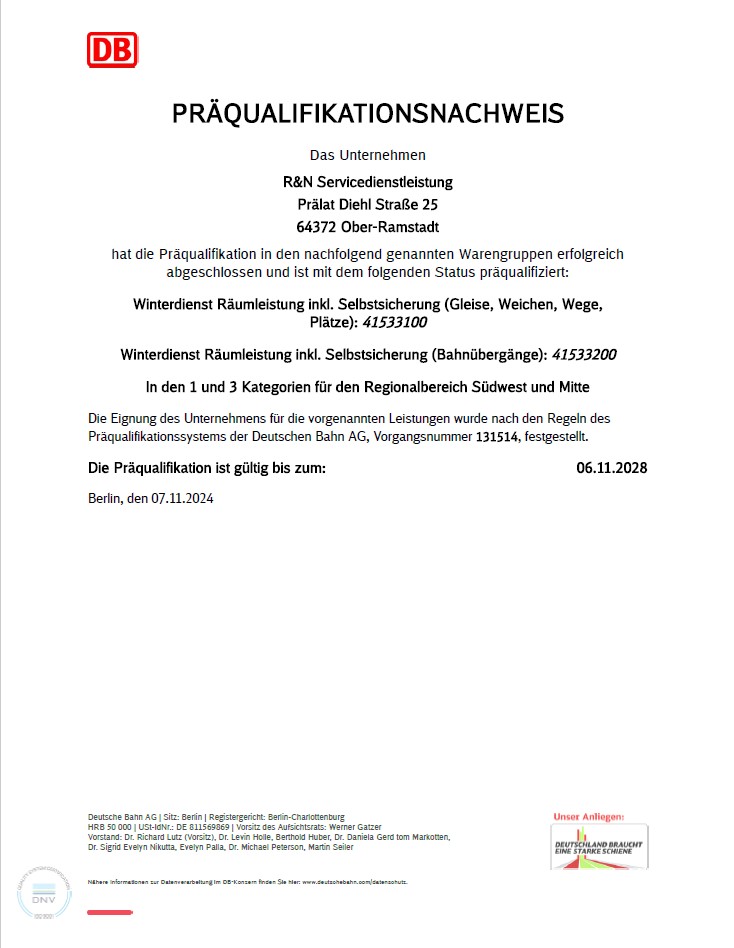 Präqualifikationsnachweis mit Details zur Firma und Gültigkeitsdauer.